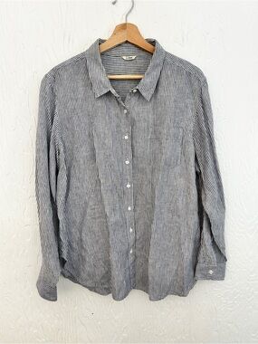 LL BEAN 100% Linen Striped Button Down Shirt Large Blue White Coastal Relaxed